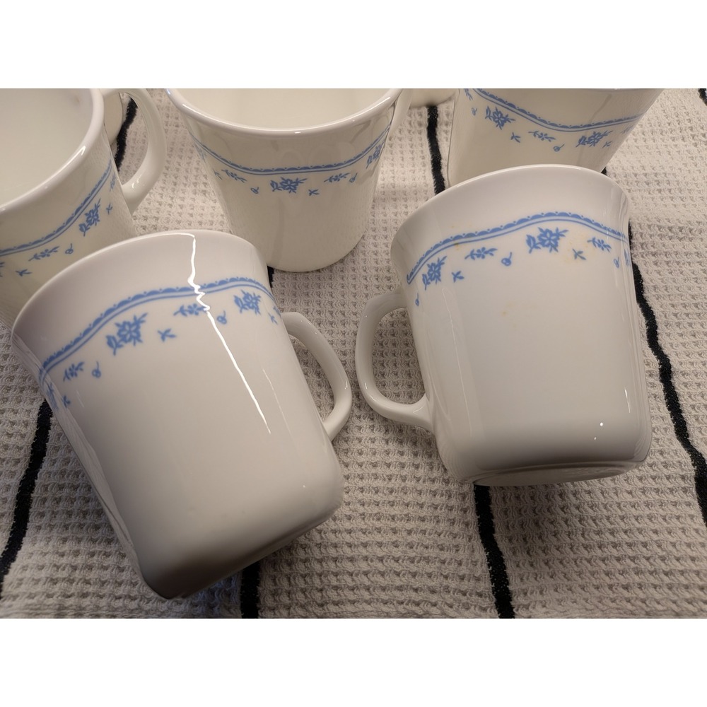 Vintage Corning USA Morning Blue Floral Vitrelle Coffee Mugs Tea Cups Set of 8